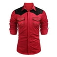 thumbnail image 1 of SBYOJLPB Men Plaid Shirt Casual Fashion Button Solid Color Patchwork Long Sleeve Western Cowboy Style Suede Shirt Collar Pocket Blouse Long Sleeve Red, 1 of 2