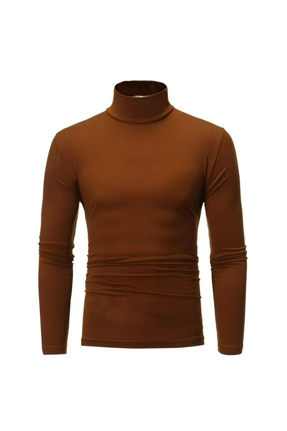 Men's Clothing Men Solid Turtleneck Casual Pullover T-shirt Bottoming Shirt Brown 6(M)