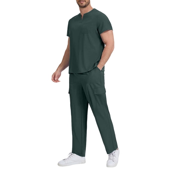 SBYOJLPB Men's Protective Suit Set Scrubs Solid Color Casual Short Sleeved V-neck Top and Pants Medical Uniform Set