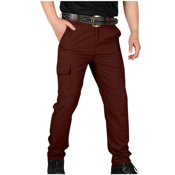 SBYOJLPB Men’s Sports Pants Elastic Waist Multi Pocket Workwear Trousers Casual Outdoor Hiking Quick Dry Waterproof Jogger Long Pants Comfortable Wine