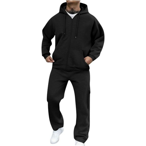 SBYOJLPB Men’s Tracksuit Sportswear Set Hoodie Sweatshirt with Pockets Jogger Pants Solid Color Casual Two Piece Outfit Long Sleeve Fashion Clothing Black