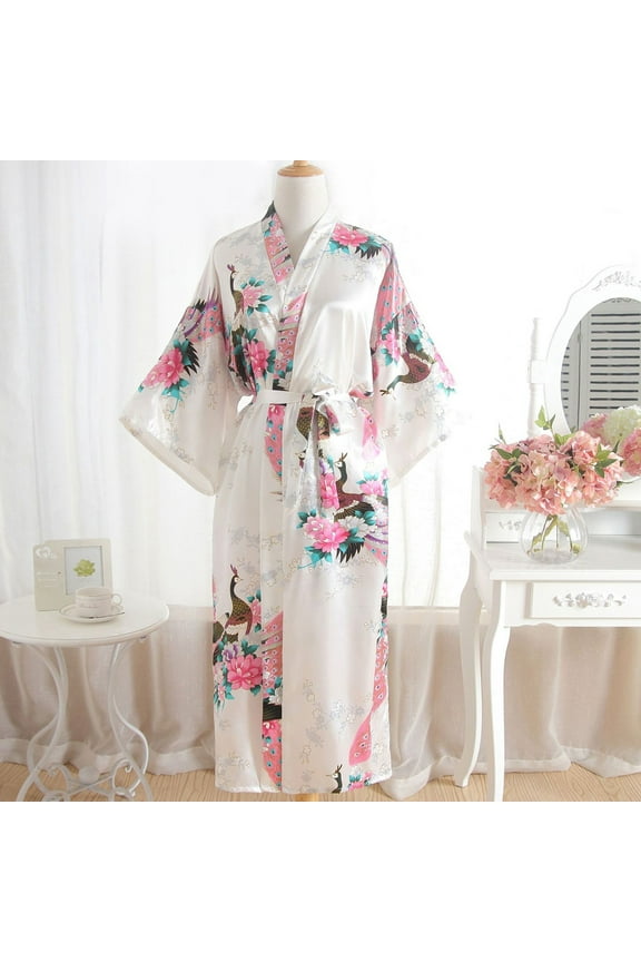 Pajamas for Women Women Sexy Print Kimono Dressing Gown Bath Robe Lingerie Nightdress White