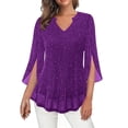 thumbnail image 1 of SBYOJLPB Plus Size for Women's Solid Mesh Sheer V-Neck Blouse with Gold Foil Sparkle for Party and Evening Wear 3/4 Sleeve Breathable Top Purple XXXL, 1 of 6