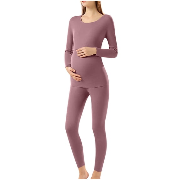 SBYOJLPB Pregnant Women's Solid Color Round Neck Long Sleeved Nursing Top with Adjustable Waistband Long Pants Warm Home Suit Set