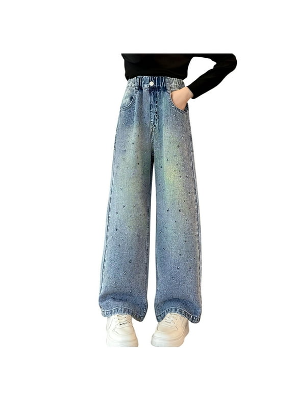 Rhinestone Jeans for Childrens Wide Leg Baggy Jeans Pants with Pockets Elastic Waist Straight Leg Denim Pants