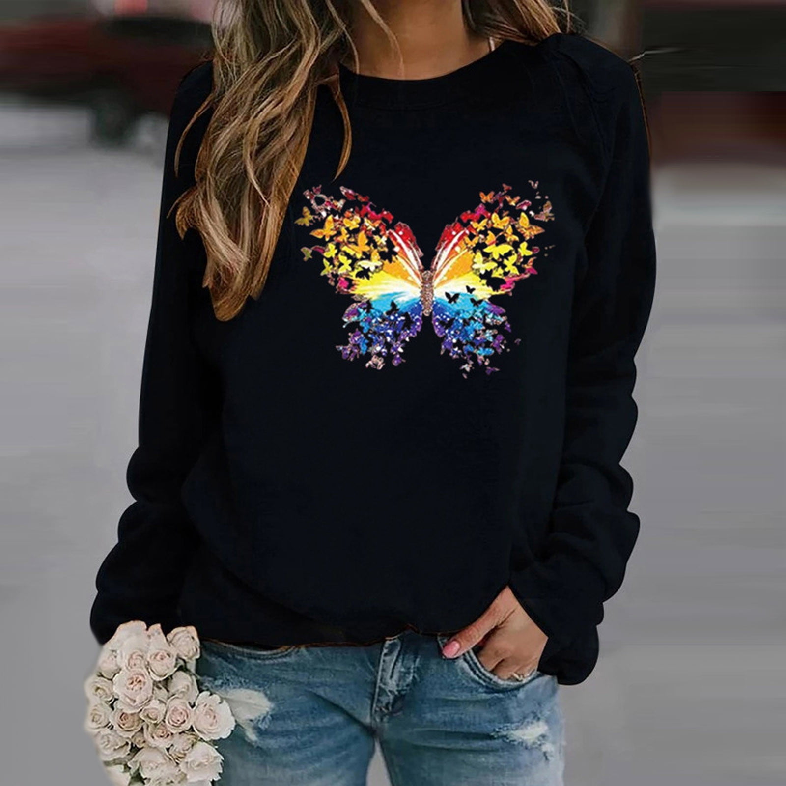 SBYOJLPB Round Neck Long Sleeves Clearance Winter Womens Casual Tops Ladies Butterfly Print Sweatshirt Blouse Tee Sweater Rollbacks