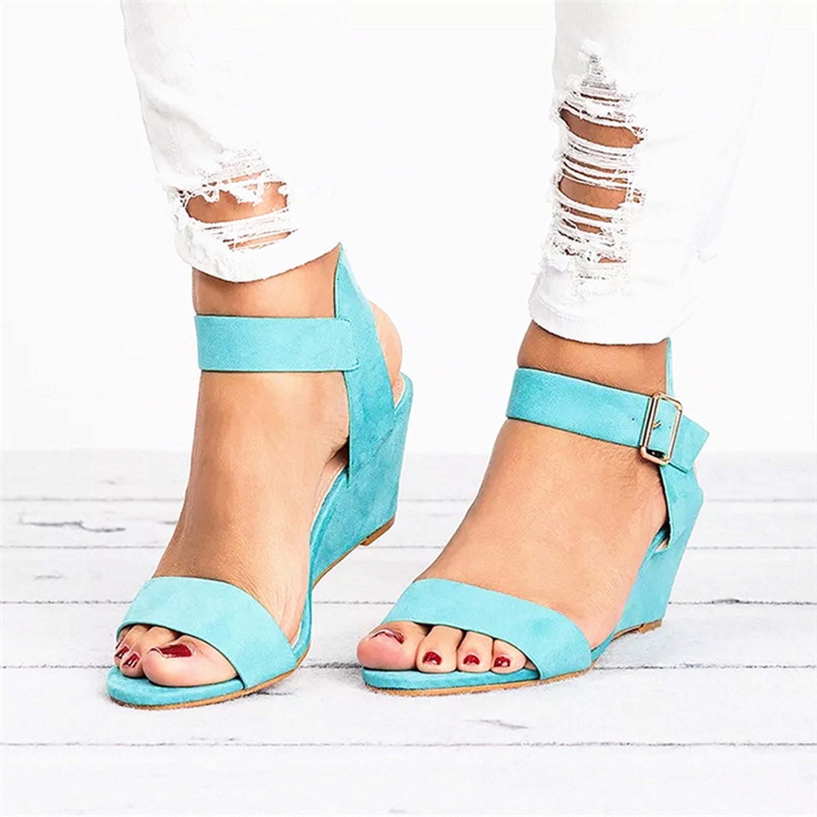 Summer Charms Sandals in Sky Blue Suede Pink Lambskin