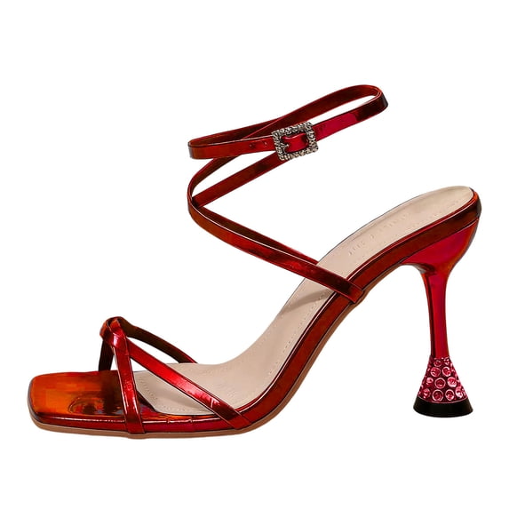 SBYOJLPB Sandals for Women's Fashion Casual High Heel Fine Toe Gold Rhinestone Metallic Wind Party Sandals