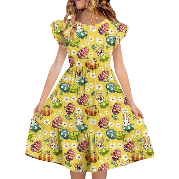SBYOJLPB Short Sleeve Dress Round Neck Children's Summer Dress Easter Printing with Double Layer Pleated Sleeve Sundress for Ages 5-14​