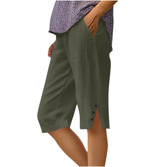 SBYOJLPB Shorts for Women Summer Linen Solid Color Loose Straight Leg Pants with Pockets Side Slit Buttons Short Pants