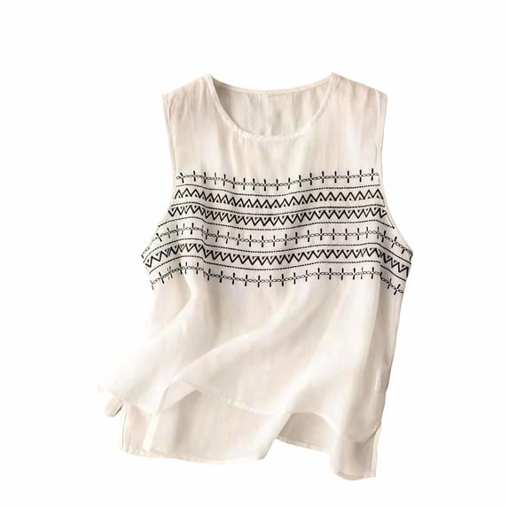 SBYOJLPB Sleeveless Round-Neck Top Linen Embroidered Tank Top Vintage Loose-fitting Embroidered Round-neck T-shirt for Women Round-neck Top/shirt
