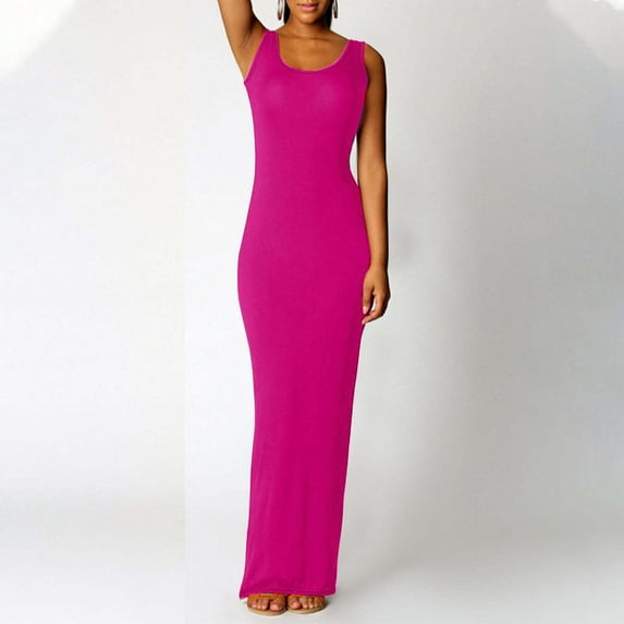 SBYOJLPB Sleeveless Sundress Women's Solid Color Elegant Sexy Sleeveless Long Dress Fashion Dress Hot Pink 4(S)