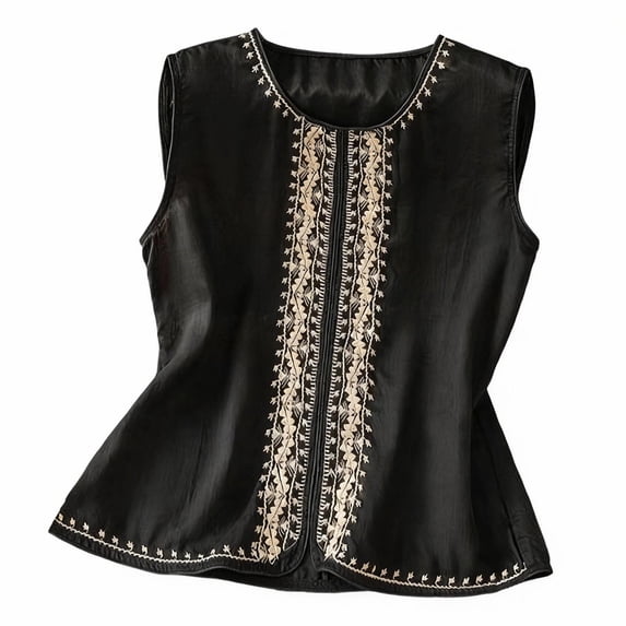 SBYOJLPB Sleeveless Top Linen Embroidered Round-Neck Tank Top Vintage Loose-fitting Embroidered Round-neck T-shirt for Women Round-neck Top/shirt