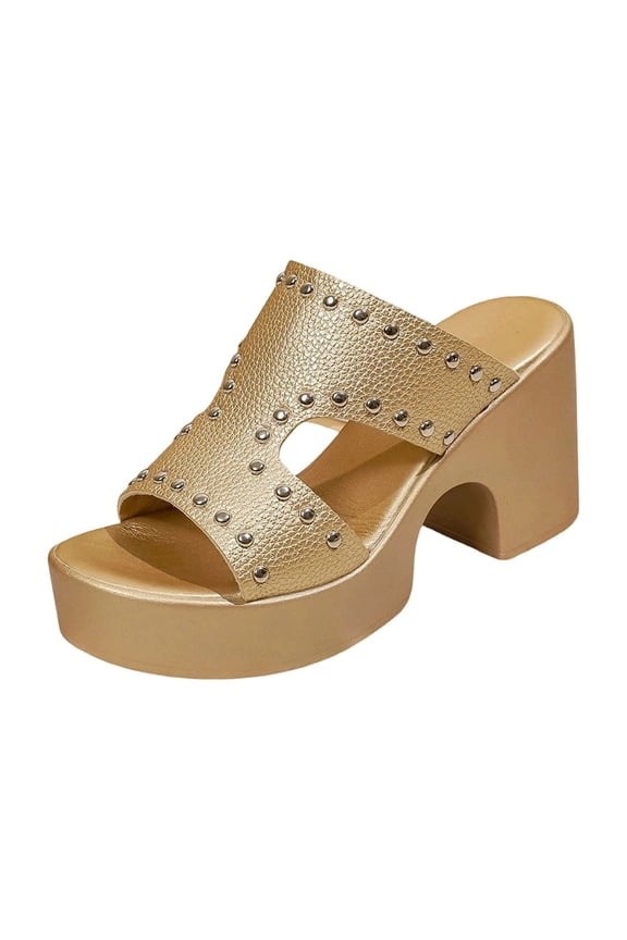 Sandals for Women Fashionable Casual Versatile Metal-Embellished Heeled Plus-Size Sandals For Spring And Summer