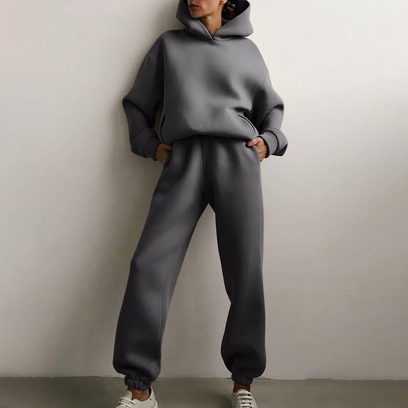 SBYOJLPB Sweater Suit Women Casual Solid Color Two Piece Long Pants Hooded Pullover Long Sleeve Sweatshirts Sets,Dark Gray