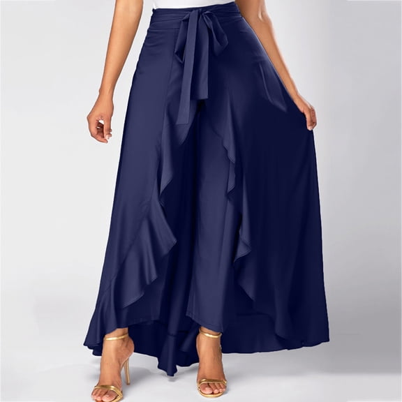 SBYOJLPB Women's Skirts Women's Casual Hakama Irregular Leaf Bow High Waist Long Culottes,Navy