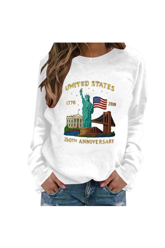 USA 250th Anniversary Long Sleeve T-Shirt 1776-2026 Independence Day Patriotic Shirt with Liberty Statue Brooklyn Bridge Graphic Top for Men Women White