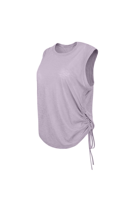 Woman Summer Tank Top Lightweight Slub Yarn Breathable Yoga Hem Drawstring Loose Round Neck Sleeveless Sports Shirt