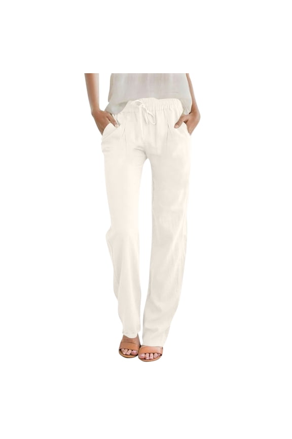 Women Casual Linen Pants with Pocket Solid Color Loose Straight Long Pants