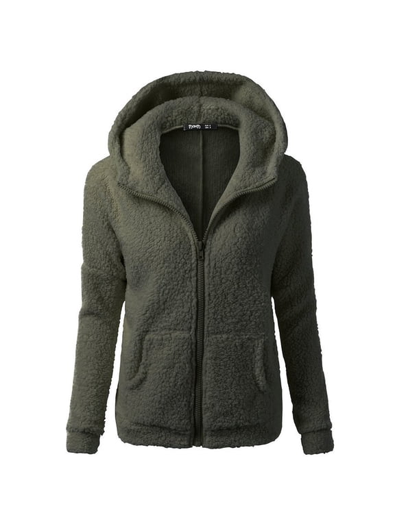 Women Hooded Sweater Coat Winter Warm Wool Zipper Coat Cotton Coat Outwear AG/XL