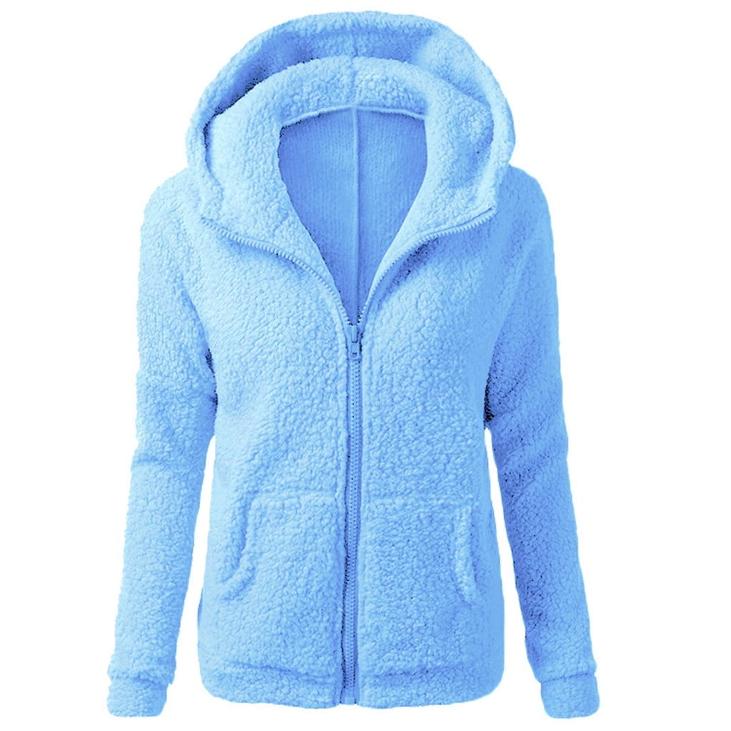 SBYOJLPB Women Hooded Sweater Coat Winter Warm Wool Zipper Coat Cotton Coat Outwear Blue L
