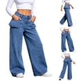 thumbnail image 1 of SBYOJLPB Women Jeans Pants Solid Color Ruffled High-waisted Casual Straight-leg Denim Pants with Pockets, 1 of 7