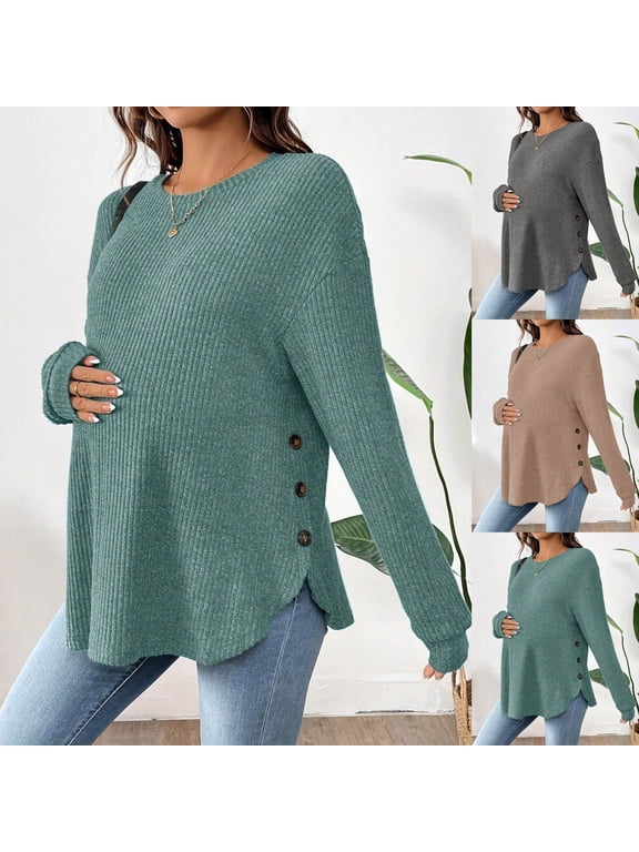 Women Maternity Tops Solid Long Sleeve Crew Neck Ribbed Sweater Top with Side Buttons