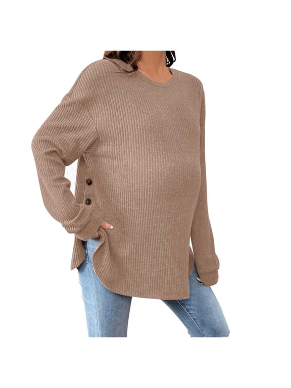 Women Maternity Tops Solid Long Sleeve Crew Neck Ribbed Sweater Top with Side Buttons