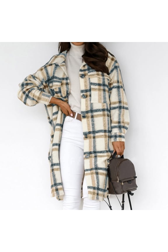 Women Outwear Womens Plaid Long Wool Blend Coat Shacket Jackets Long Sleeve Button Down Casual friend Flannel Shirts