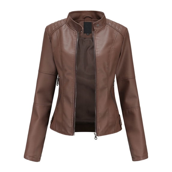SBYOJLPB Women Plus Size Overcoat New Ladies Slim Leather Stand-Up Collar Zipper Stitching Solid Color Jacket Clearance Coffee XXXL