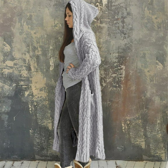 SBYOJLPB Women Plus Size Overcoat Women Winter Solid Solid Knitted Loose Hooded Long Cardigan Sweater Pocket Coat Gray S