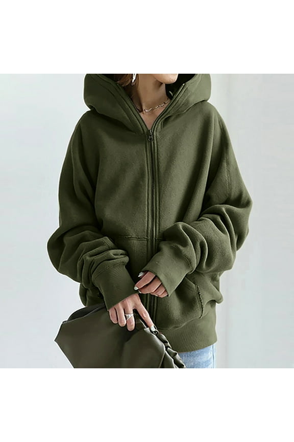 Women Plus Size Overcoat Women's Solid Color Hoodie Zipper Long Sleeve Sweatshirts Long Coat Tops with Pockets Army Green 4(S)