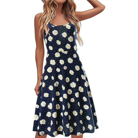 SBYOJLPB Women'S Dress Women O-Neck Little Daisy Printing Slip Strap Sleeveless A-Line Skirt Dresses,Navy Blue