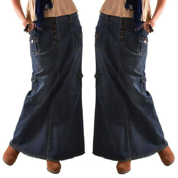 SBYOJLPB Women'S Skirts Womens Fashion Long Mid Waist Button Pocket Front Straight Denim Maxi Skirts,Dark Blue