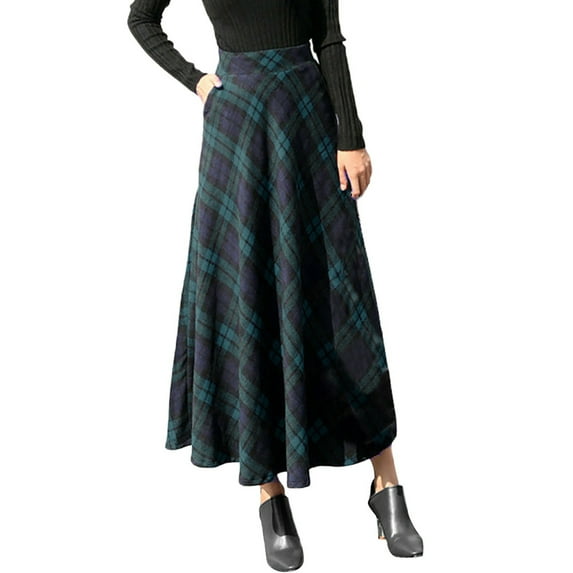 SBYOJLPB Women'S Skirts Womens High Elastic Waist Maxi A-Line Plaid Winter Warm Flare Long Ankle Skirt,Green