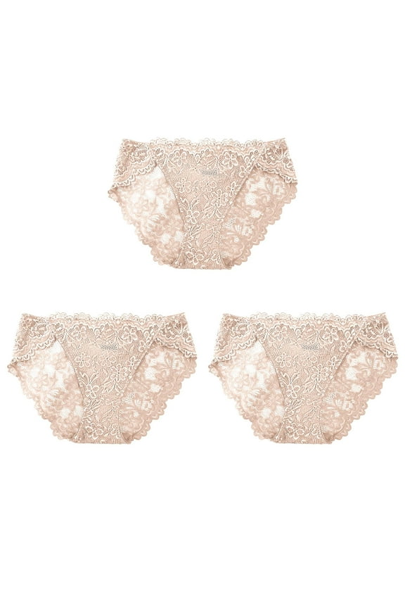 Women Sexy Lace Underwear Comfortable and Slim Hollowed Out Solid Panties Briefs Beige 8(L)