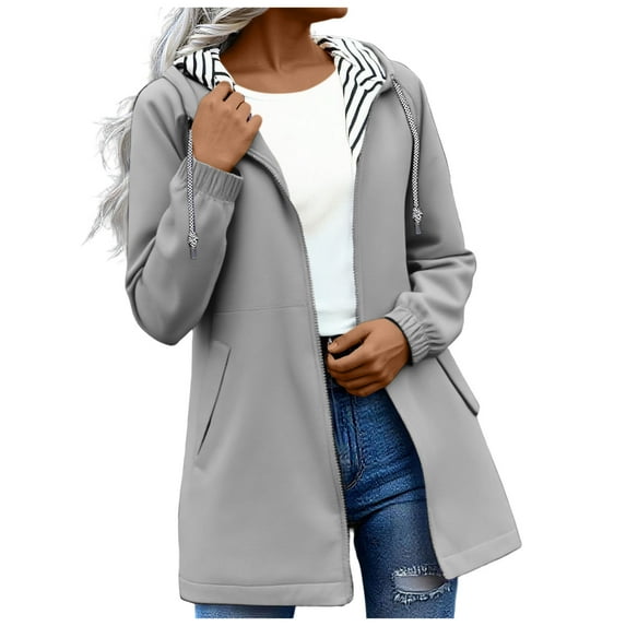 SBYOJLPB Women Solid Color Rain Jacket Outdoor Hooded Windproof Loose Coat with Pockets,Ladies' Stormcoat Waterproof Hooded Jacket Casual Long Sleeve Top Gray