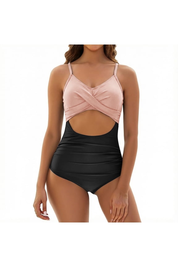 Women Splicing Color Swimsuit One-Piece with Front Cut-Out Bathing Suits Tankinis Swimwear