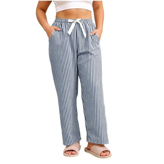 SBYOJLPB Women Striped Pants with Drawstring Elastic Waist Wide-Leg Casual Trousers