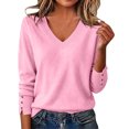 thumbnail image 1 of SBYOJLPB Women V-Neck Tops Long Sleeve Solid Color Fall Winter Knit Sweaters Casual Pullover Top, 1 of 9