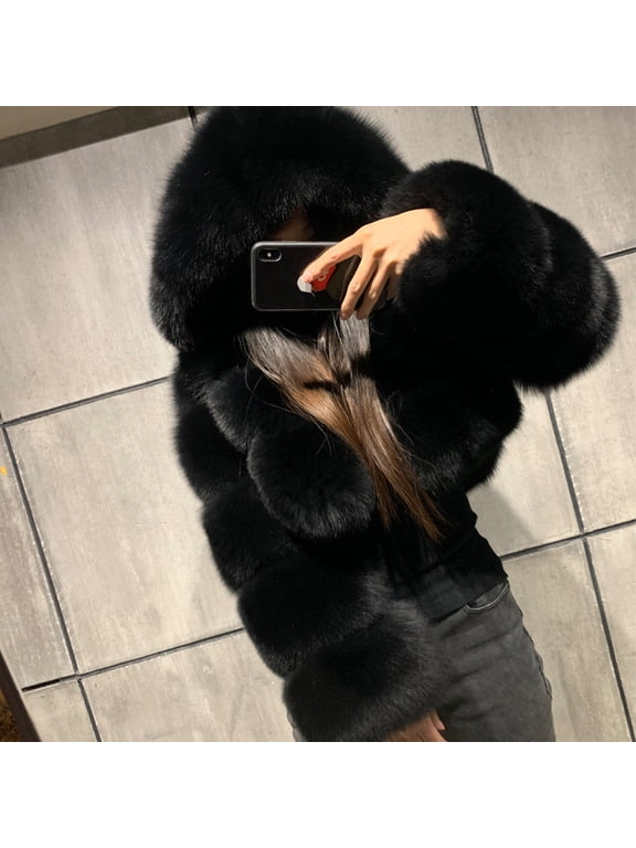Women Winter Warm Coats Faux Fur Coat Warm Faux Furry Faux Fur Jacket Long Sleeve Hooded Outerwea Black XL