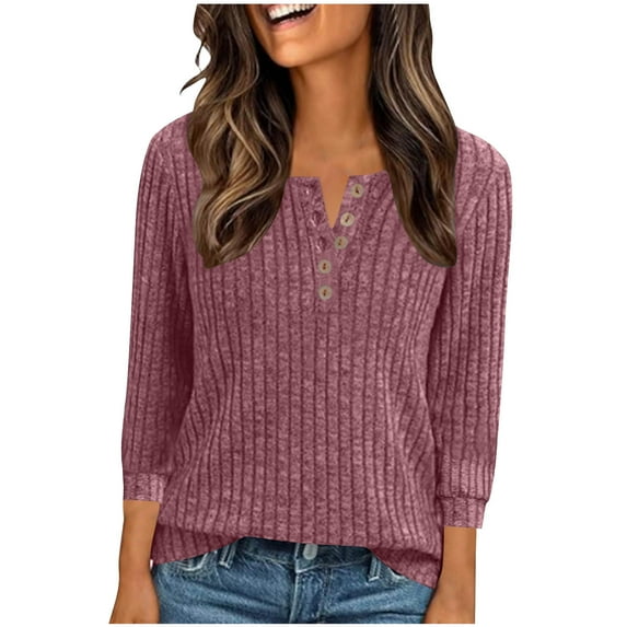 SBYOJLPB Women’s Autumn Winter Knit Sweater Casual Loose Fit Round Neck Striped Brushed Button Pullover Ladies’ Cozy Three Quarter Sleeve Top Pink