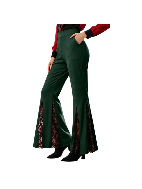 Women's Bell-Bottoms Pants Halloween Gothic Lace Split Flared Trousers with Pocket