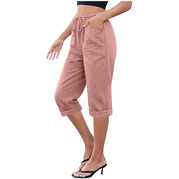 SBYOJLPB Women's Capris Pants Solid Color Drawstring Elastic Waist Cropped Pants