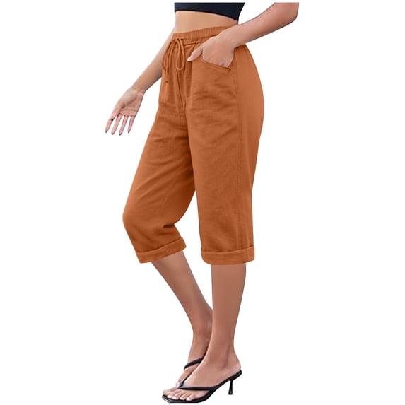 SBYOJLPB Women's Capris Pants Solid Color Drawstring Elastic Waist Cropped Pants