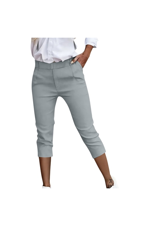 Women's Capris Pants Solid Color with Pockets Suit Pants Trousers office Cropped Pants