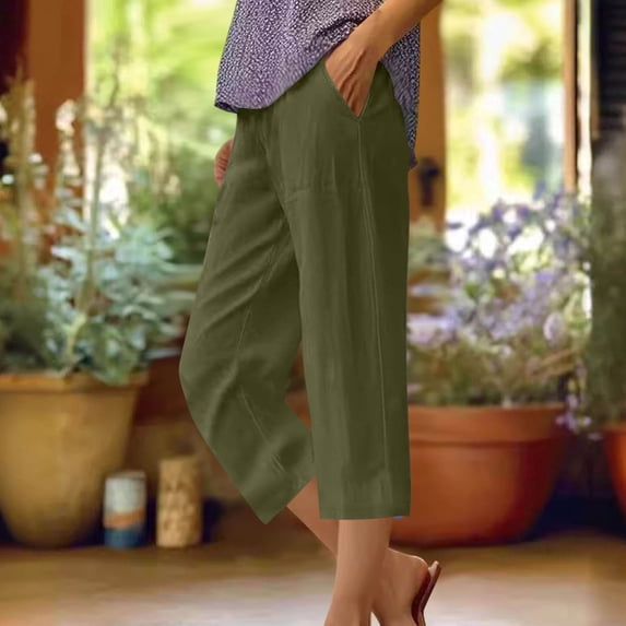 SBYOJLPB Women's Capris Pants Summer Solid Color Elastic Waist with Pockets Cropped Pants