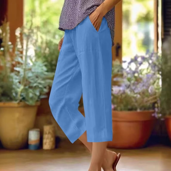 SBYOJLPB Women's Capris Pants Summer Solid Color Elastic Waist with Pockets Cropped Pants