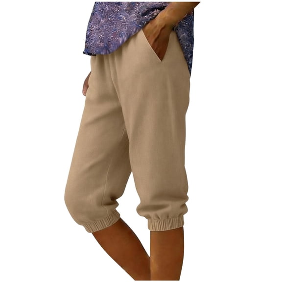 SBYOJLPB Women's Capris Pants Trendy Casual Pants Drooping Pants Denim Style Solid Color Elastic Waistband Cuffed Ankles with Pockets Cropped Trousers