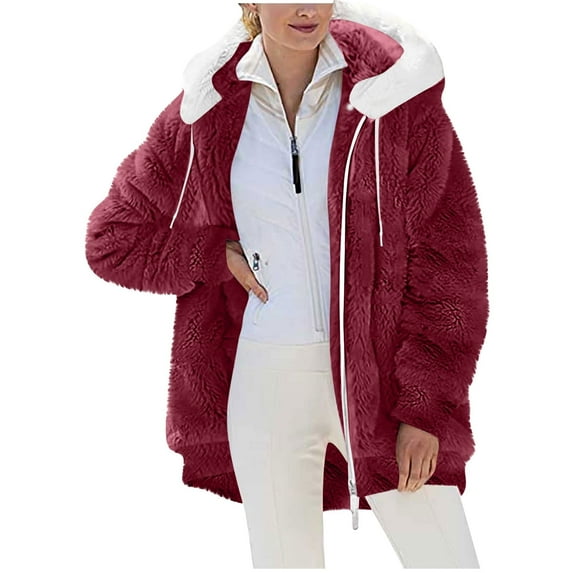 SBYOJLPB Women’s Casual Hoodie Jacket Solid Color Plush Coat with Pockets Zipper Long Sleeve Hooded Ear Design Fashion Outerwear Comfortable Top Wine